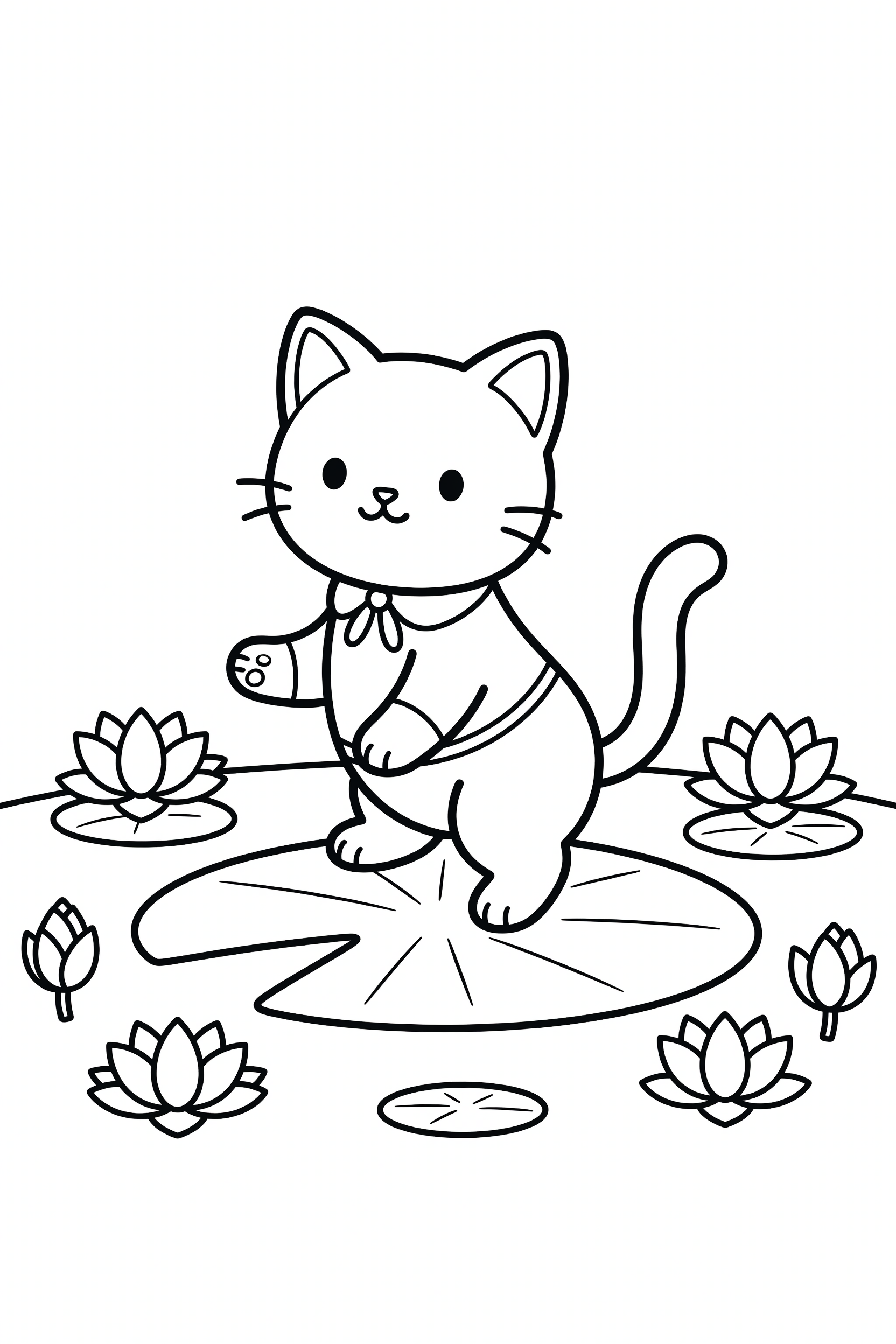 Cat Sitting on a Lily Pad in a Pond Coloring Page printable coloring page for kids