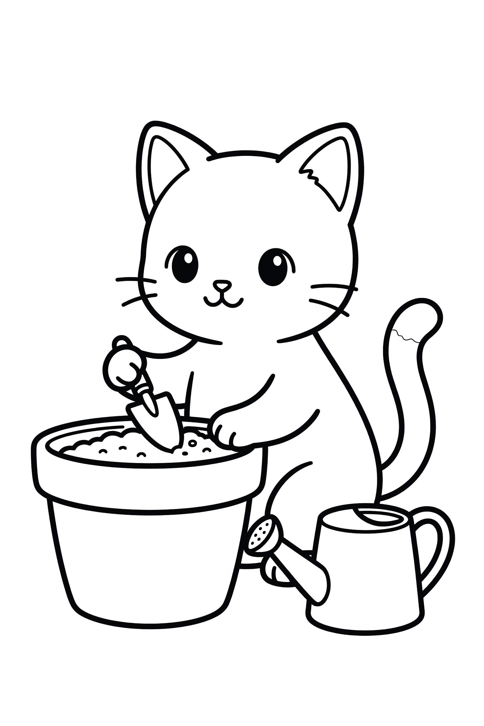 Cat Gardening and Planting Seeds in a Pot Coloring Page printable coloring page for kids