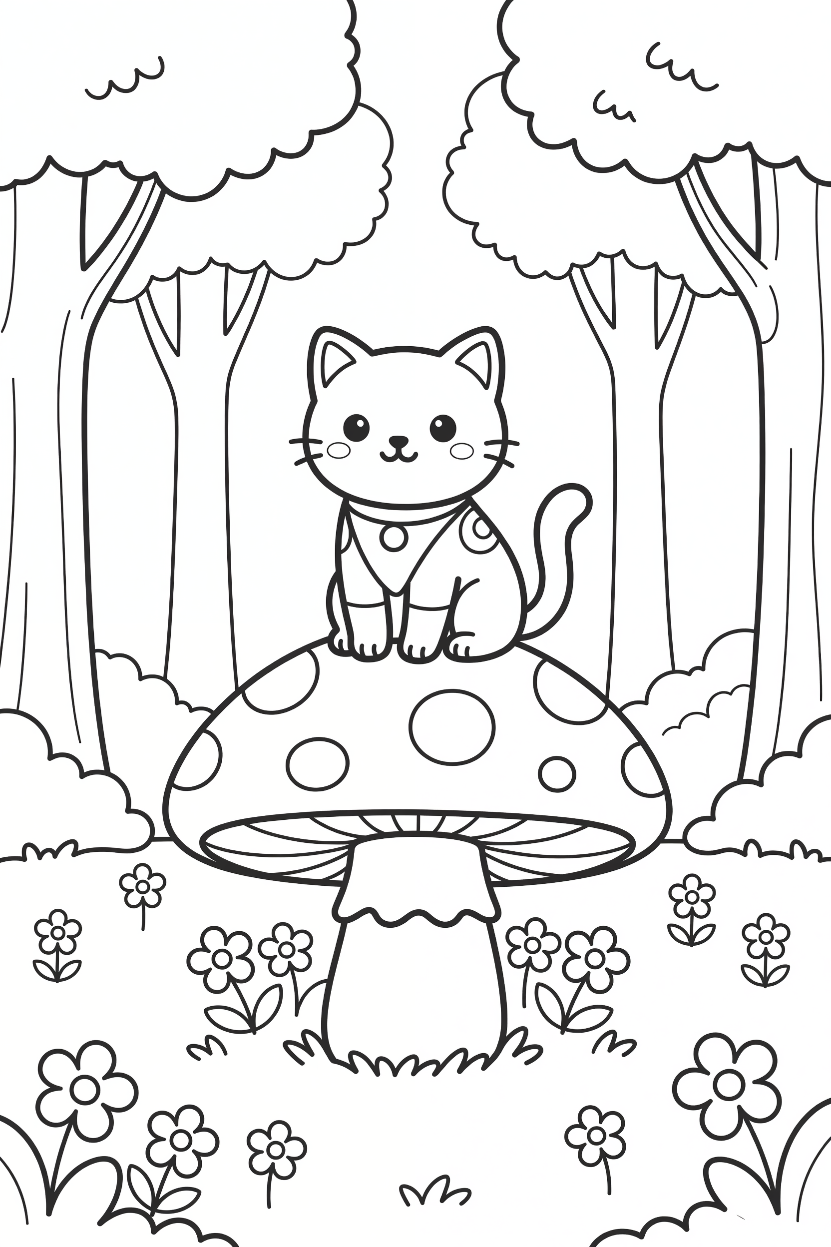 Cat Sitting on a Giant Mushroom in an Enchanted Forest Coloring Page printable coloring page for kids