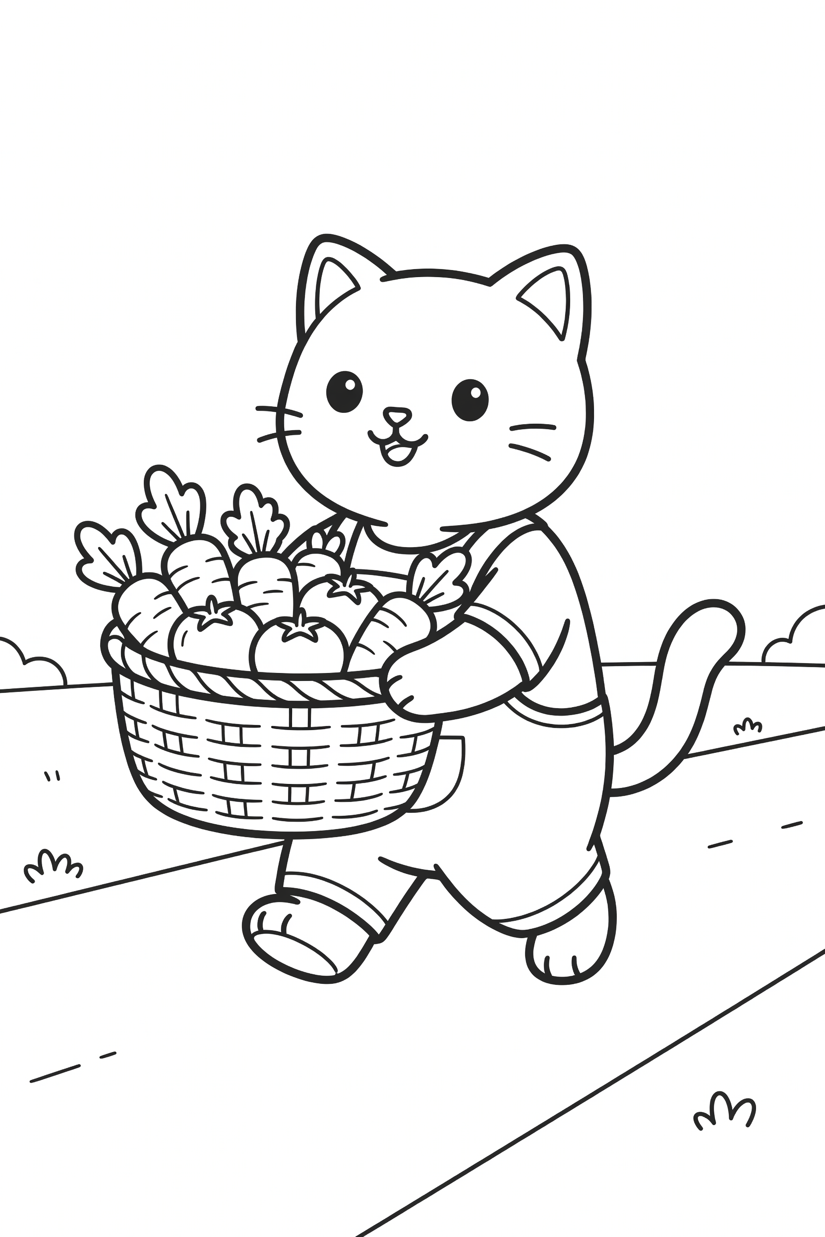 Cat Carrying a Basket of Fresh Vegetables from the Farm Coloring Page printable coloring page for kids