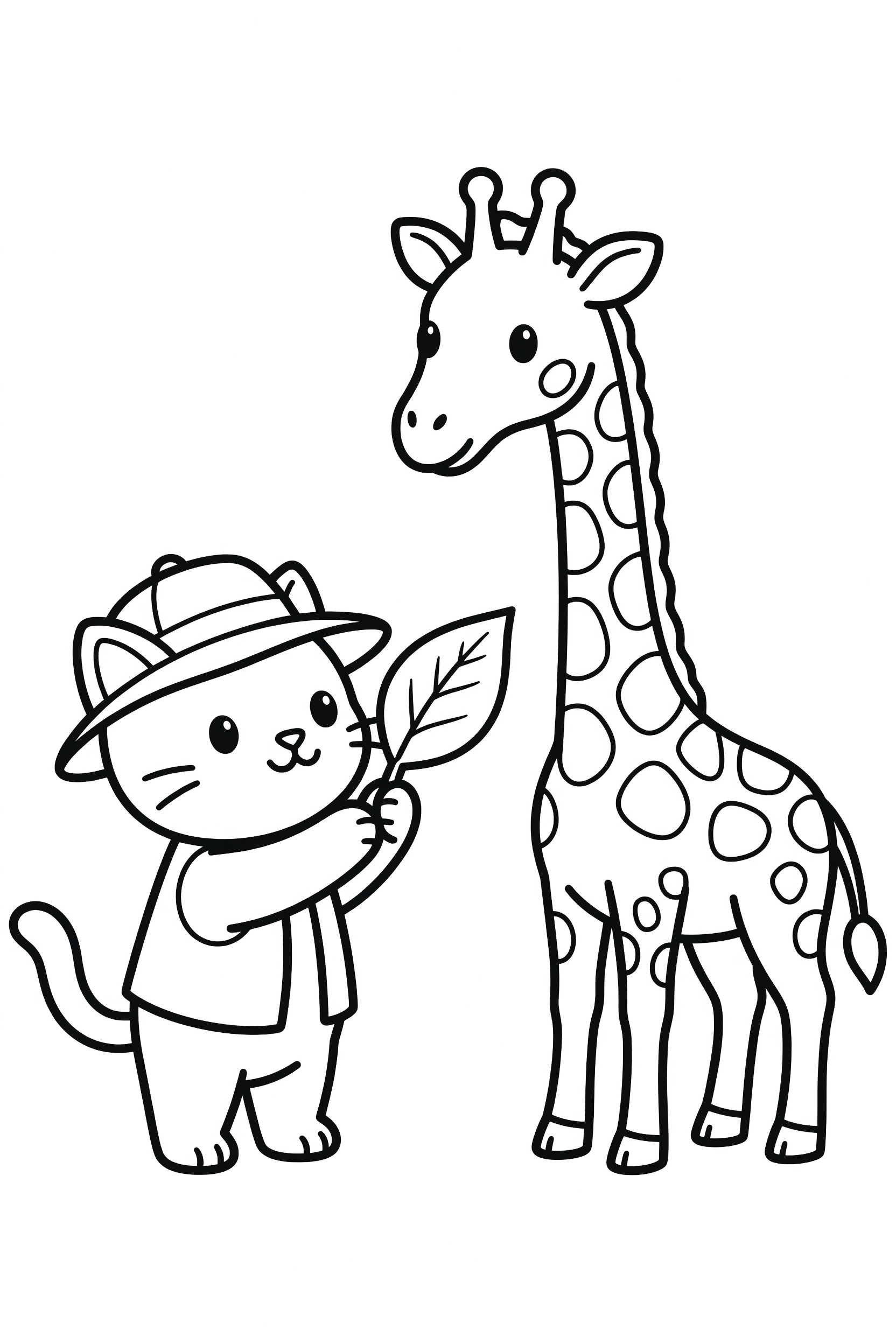 Cat Dressed as a Zookeeper Feeding a Giraffe Coloring Page printable coloring page for kids