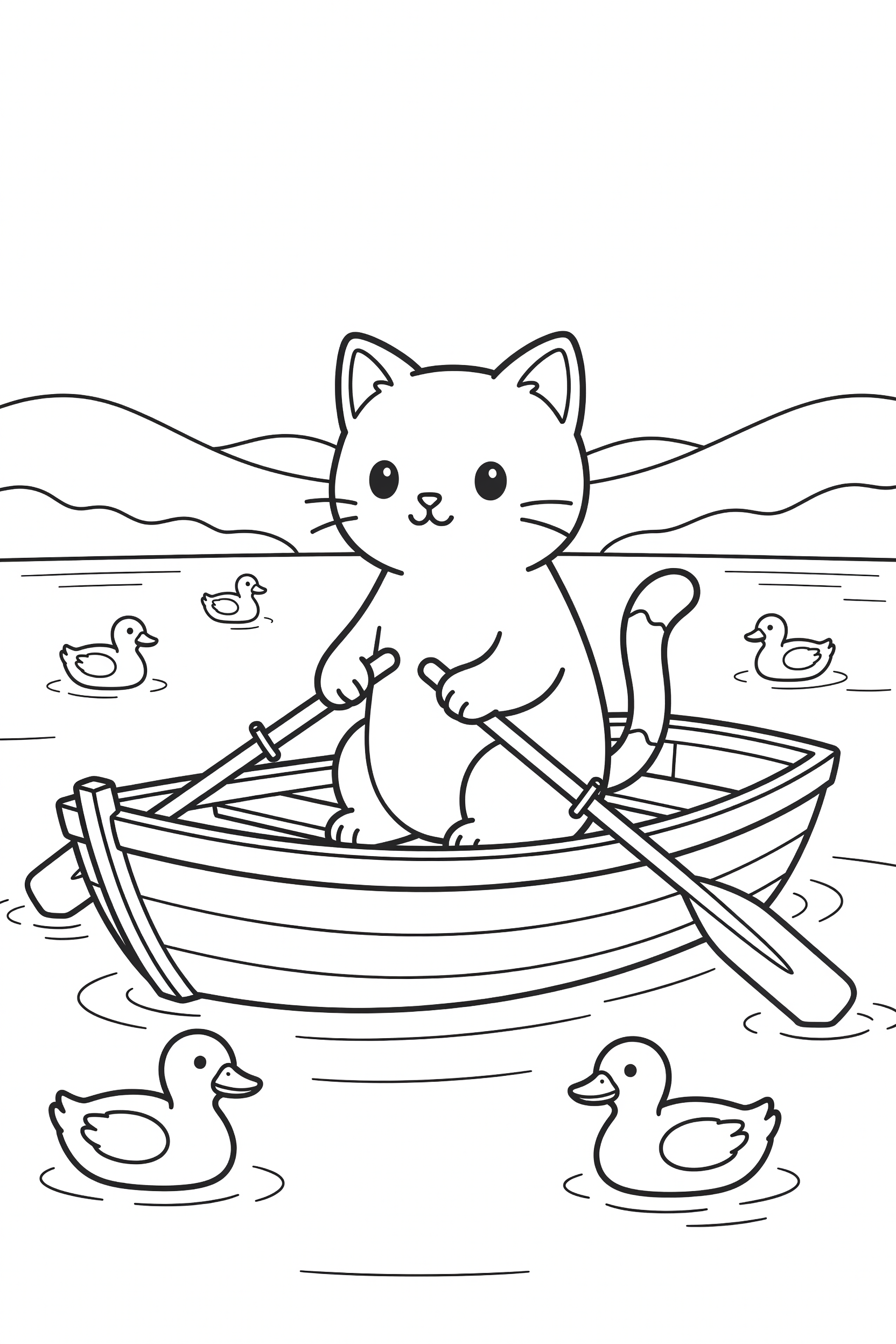 Cat Sitting in a Rowboat on a Peaceful Lake Coloring Page printable coloring page for kids
