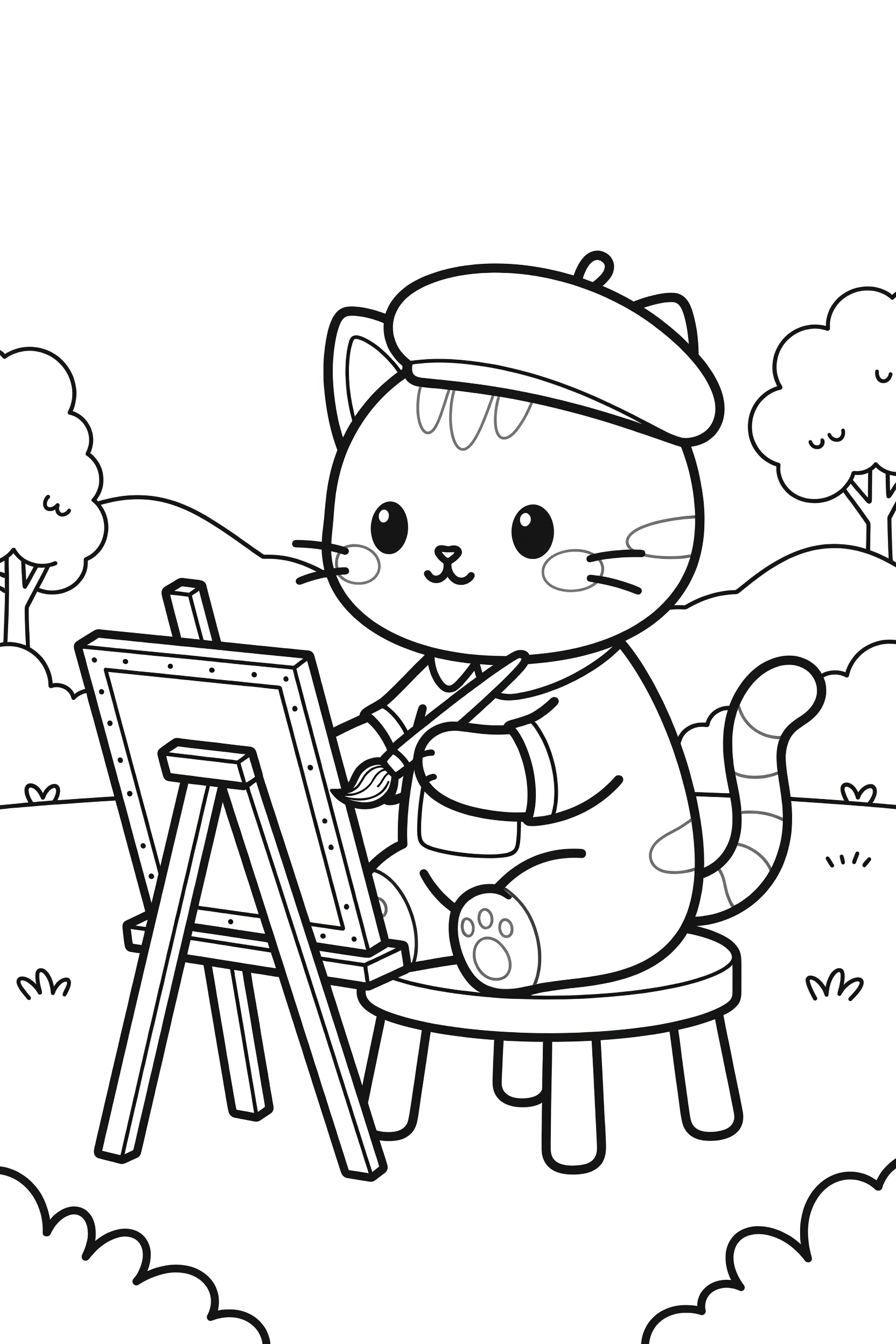 Cat Wearing a Beret and Painting Outdoors Coloring Page printable coloring page for kids
