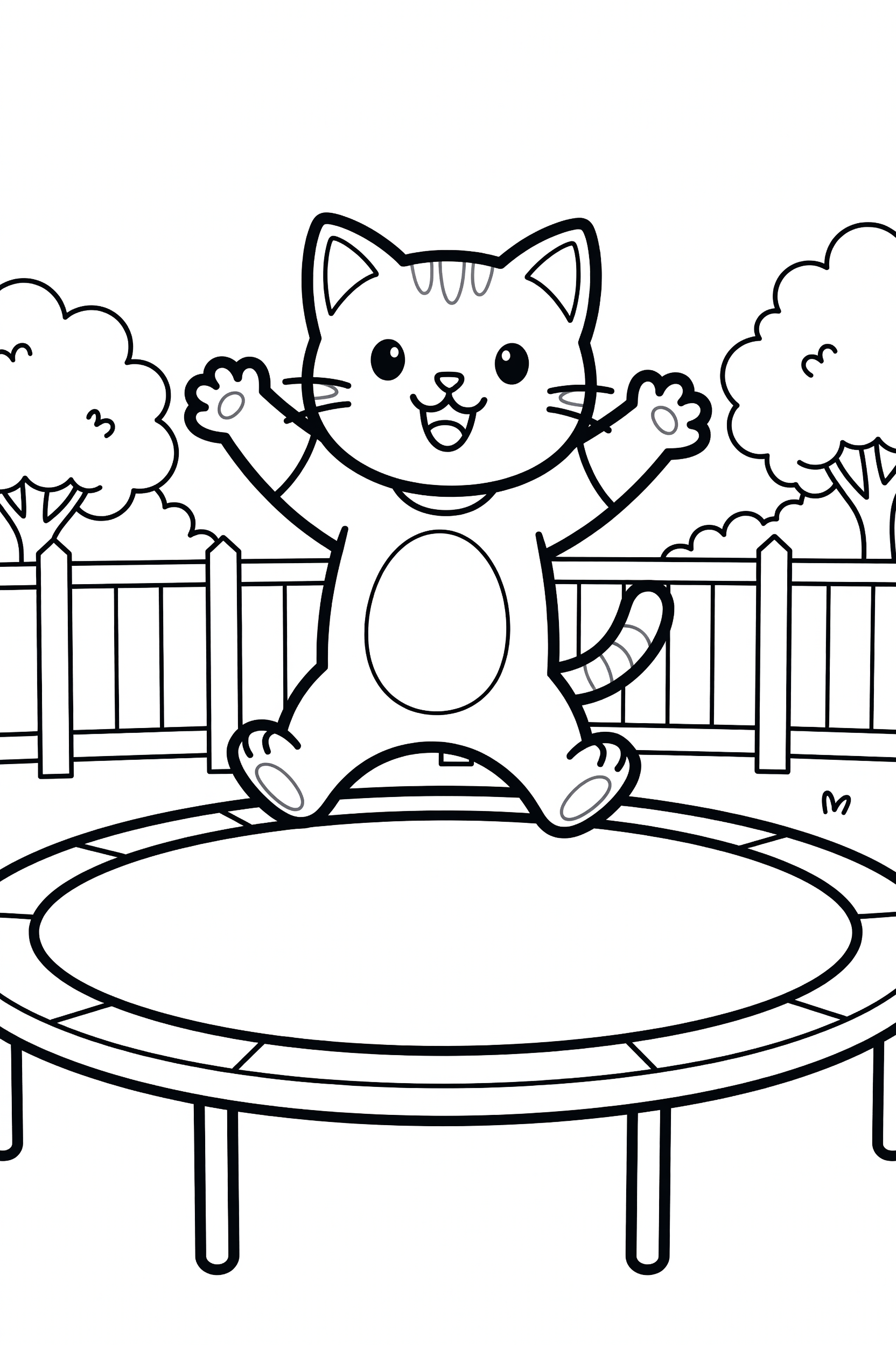 Cat Jumping on a Trampoline in the Backyard Coloring Page printable coloring page for kids
