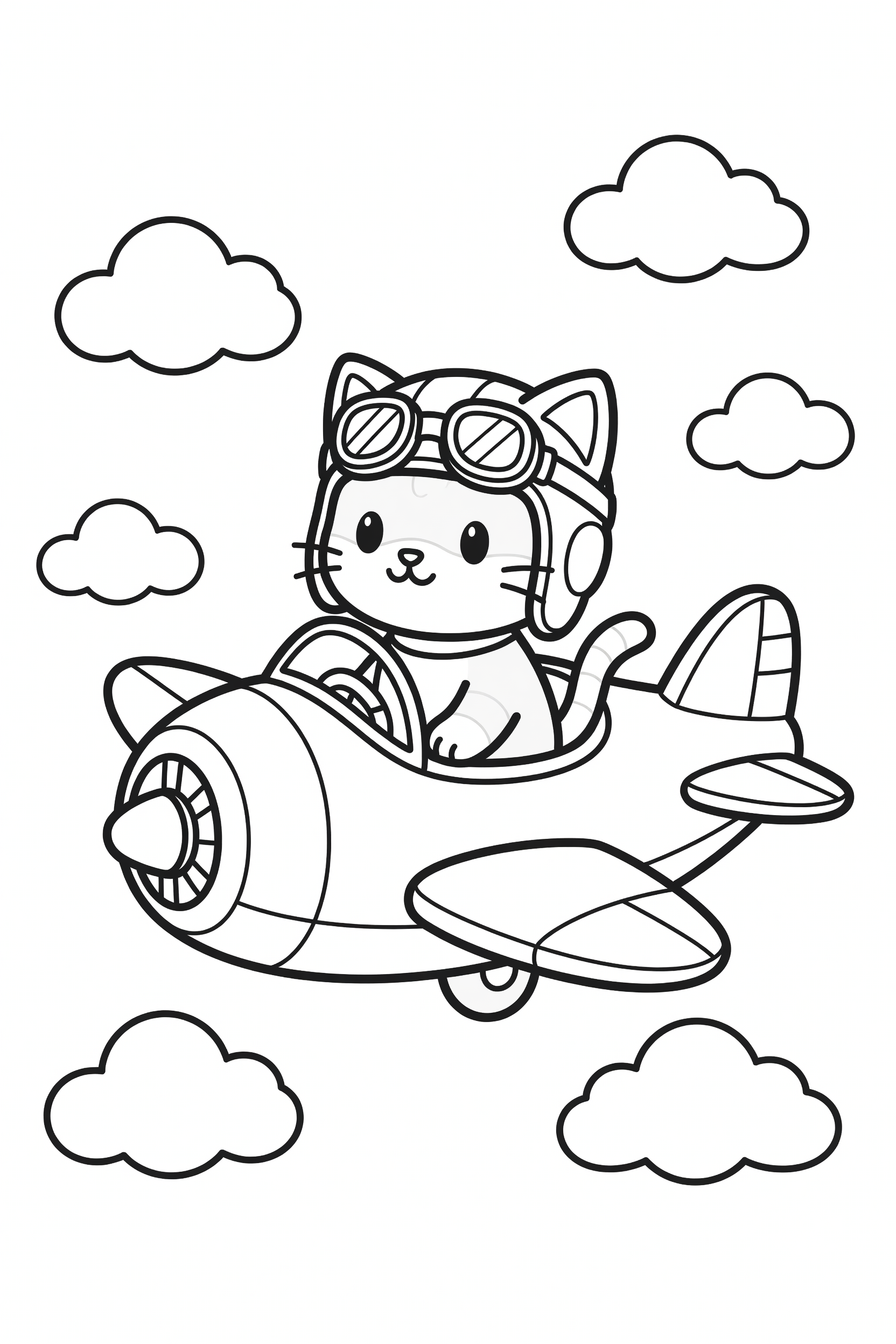 Cat Dressed as a Pilot in a Small Airplane Coloring Page printable coloring page for kids