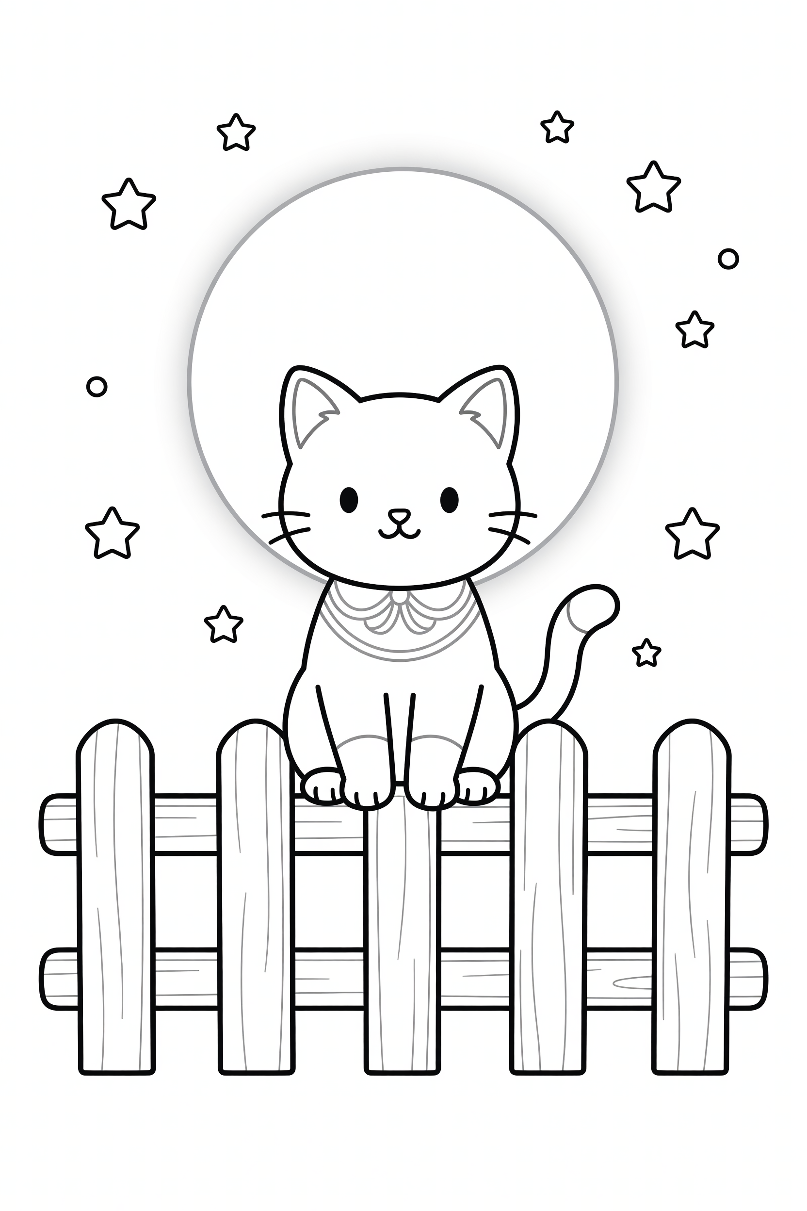 Cat Sitting on a Fence Under a Full Moon Coloring Page printable coloring page for kids