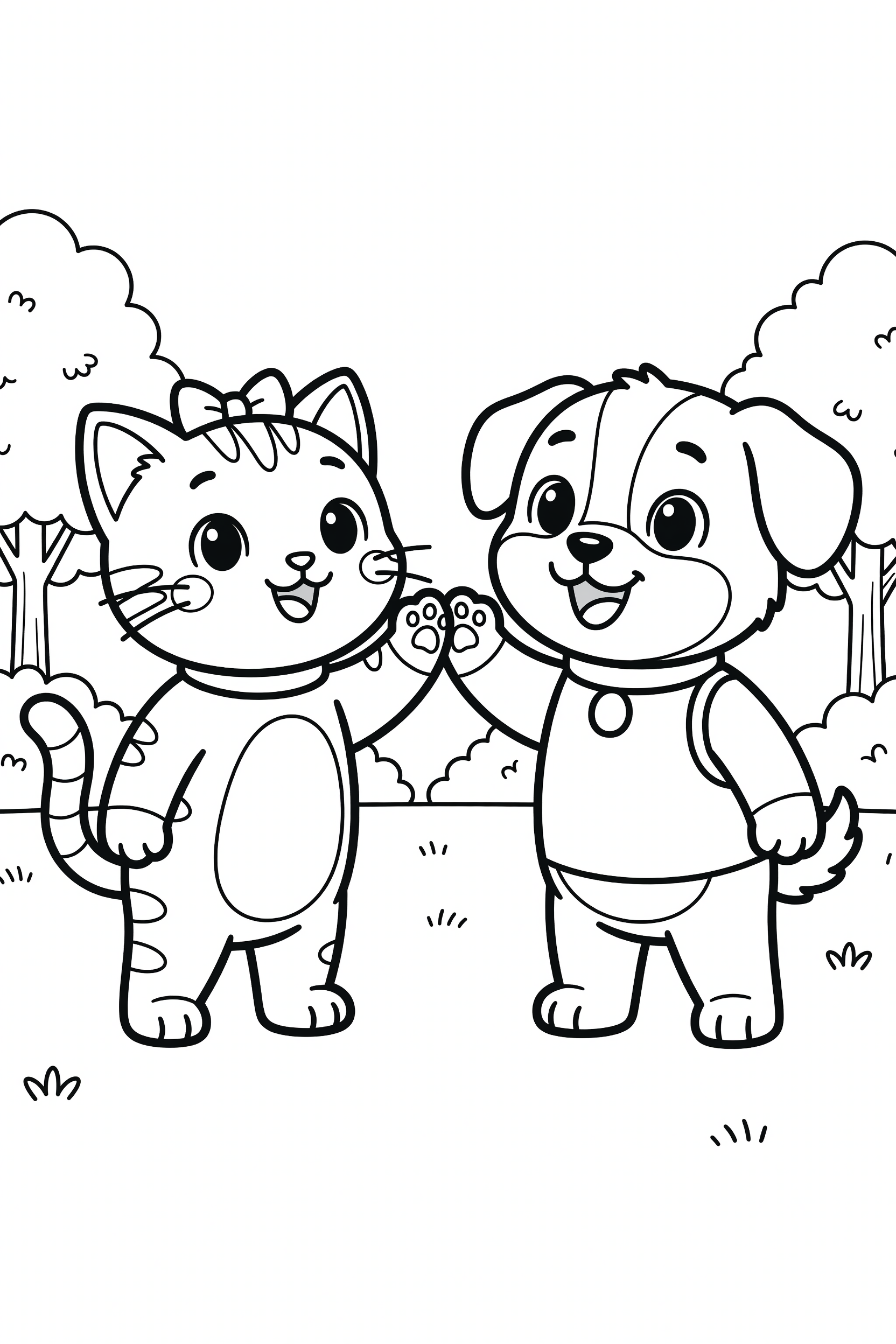 Cat Giving a High Five to a Friendly Dog Coloring Page printable coloring page for kids